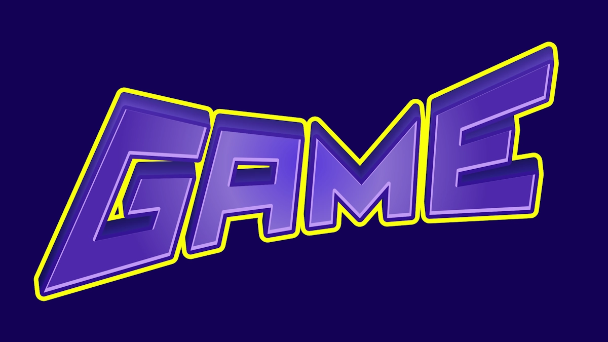 Teks 3D ungu dinamis dalam gaya game dengan garis bawah kuning