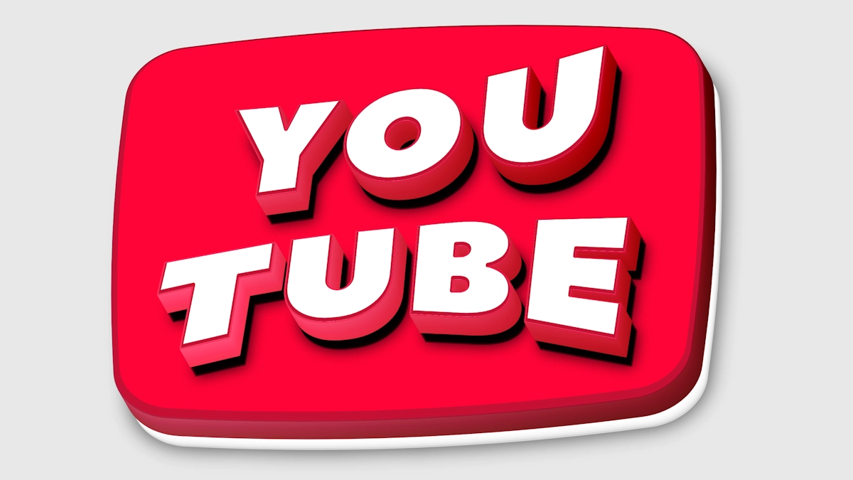 Teks 3D putih di atas pita merah dalam gaya tombol YouTube