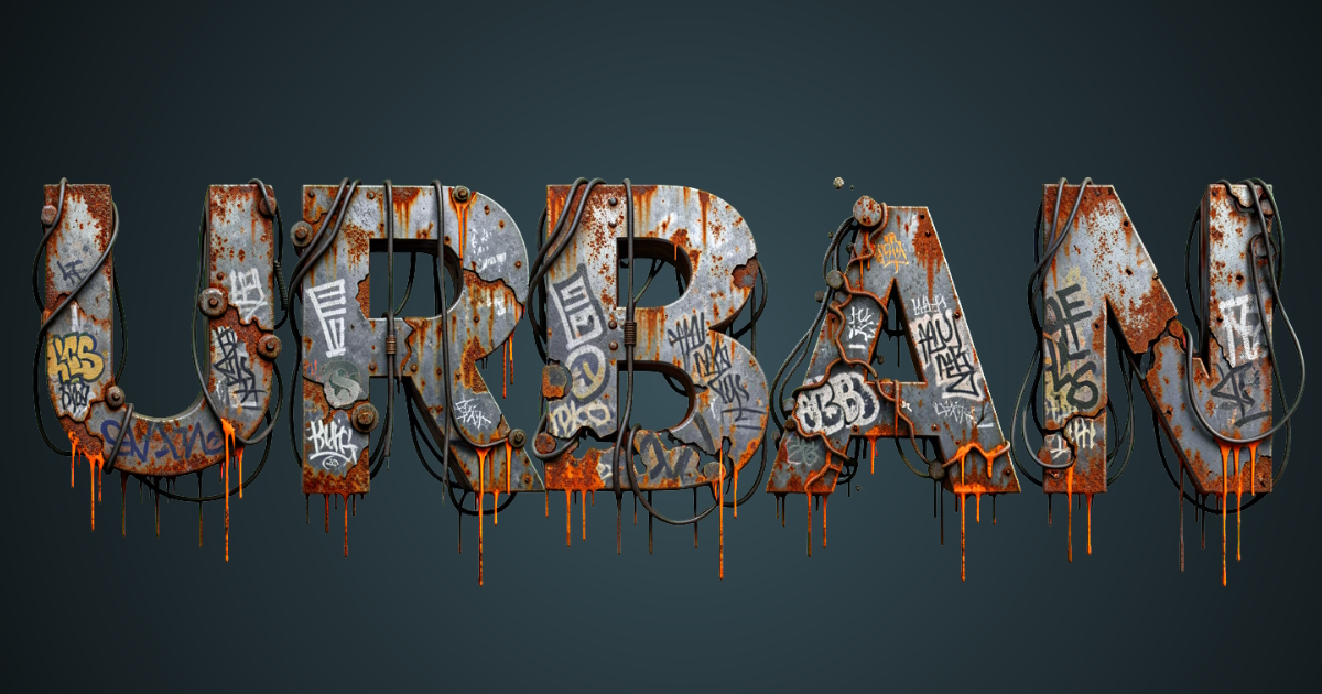 Teks urban: contoh pembuatan font grunge dari logam berkarat dengan graffiti