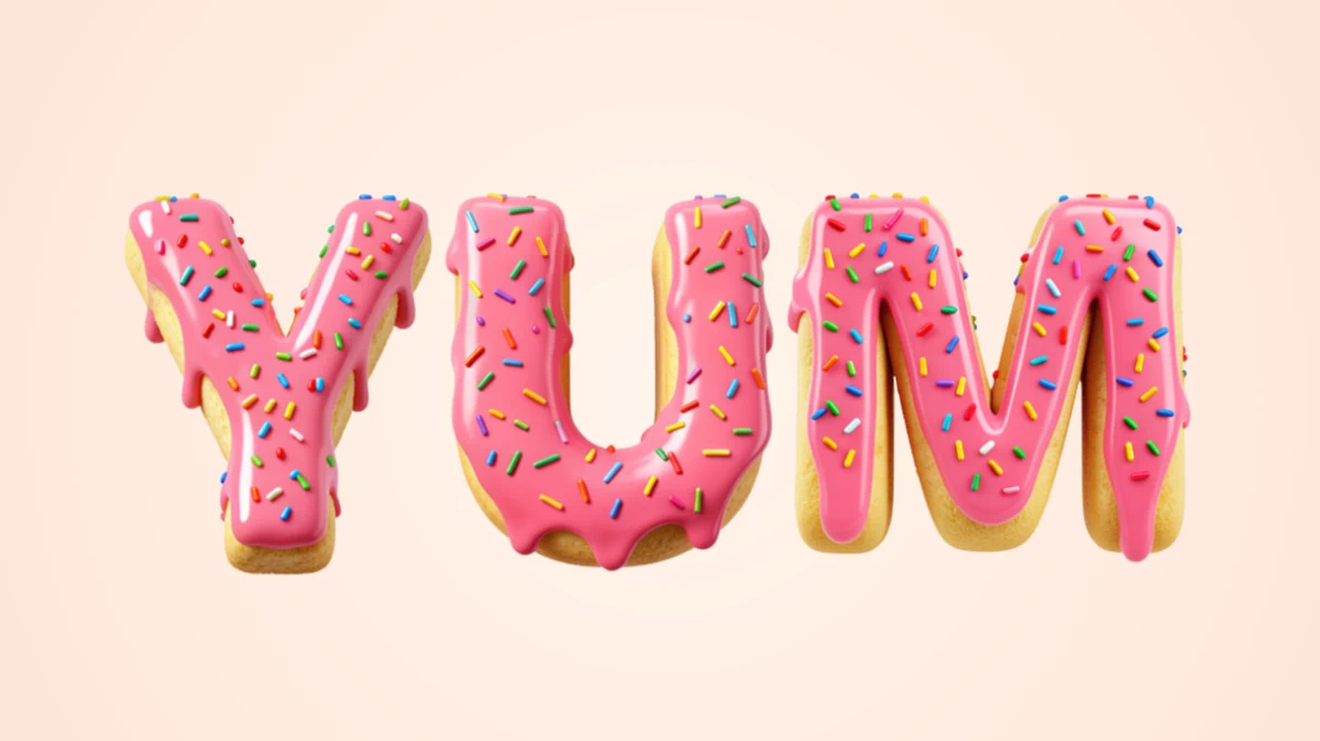 Teks 3D menggoda dari donat dengan lapisan pink dan taburan warna