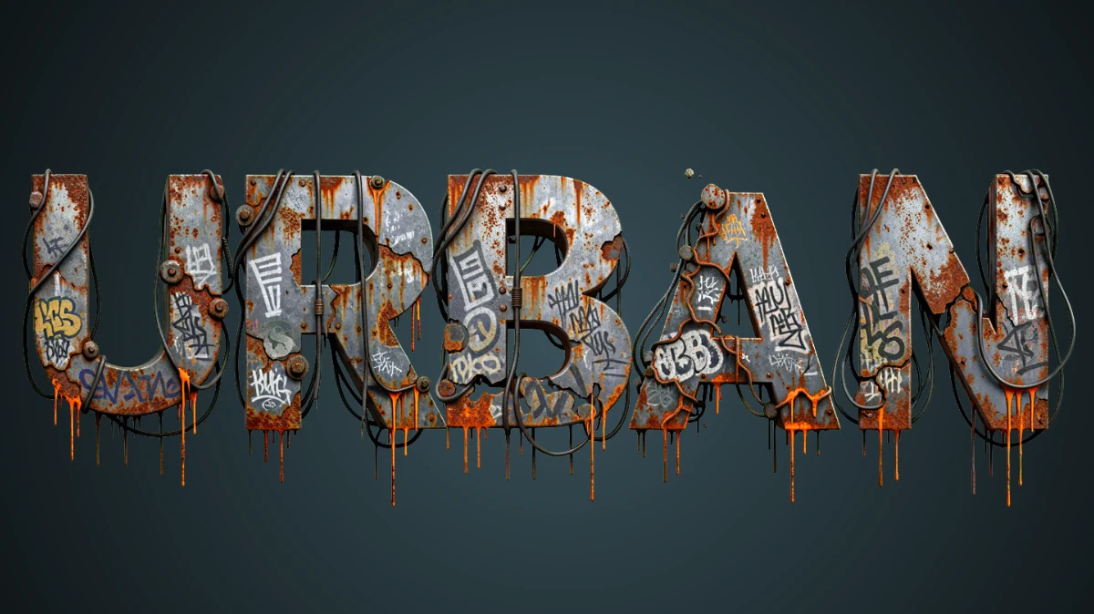 Teks 3D berbentuk kota urban: logam karat dengan grafiti, kabel dan noda